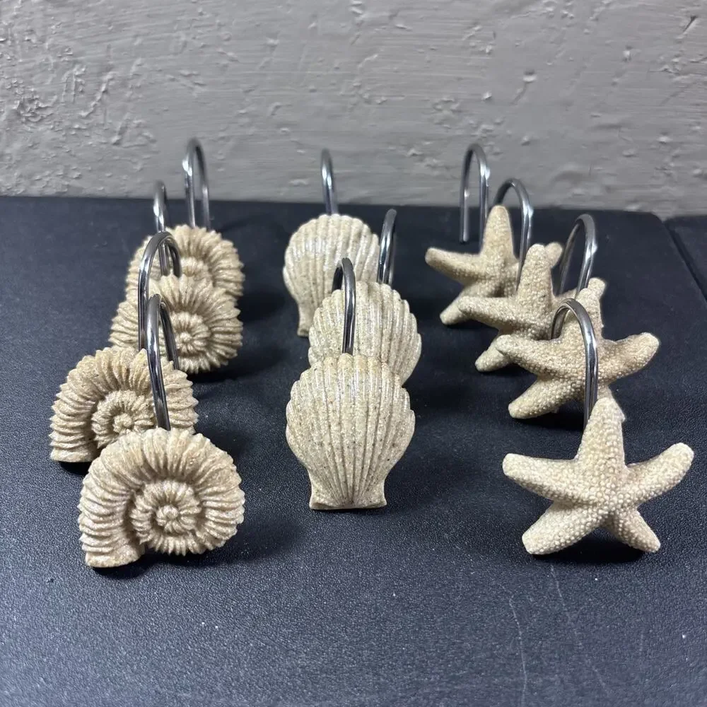 11 Vtg Starfish Scallop Conch Shower Curtain Hooks Rings Nautical Ocean Beach